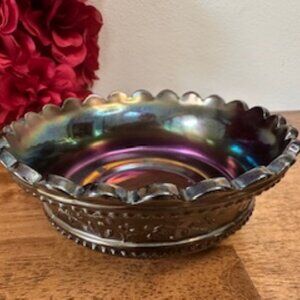 Vintage Northwood Carnival Glass Bowl Grape and Cable Pattern Iridescent Amethys